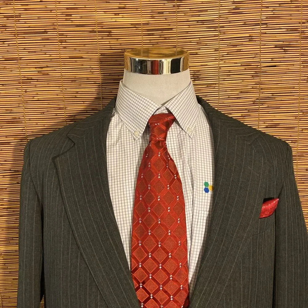 Luxury Wool Blend 2PC Suit Men’s Size 44 Gray Strip Business Wedding Formal